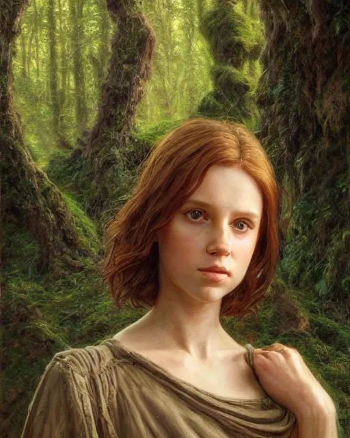 Image similar to a well - lit, realistic oil painting emotive portrait of a girl resembling a young, shy, redheaded irish alicia vikander or millie bobby brown in moss - covered ancient stone ruins at sunset, highly detailed, intricate, concept art, artstation, by donato giancola, ron cobb, and artgerm