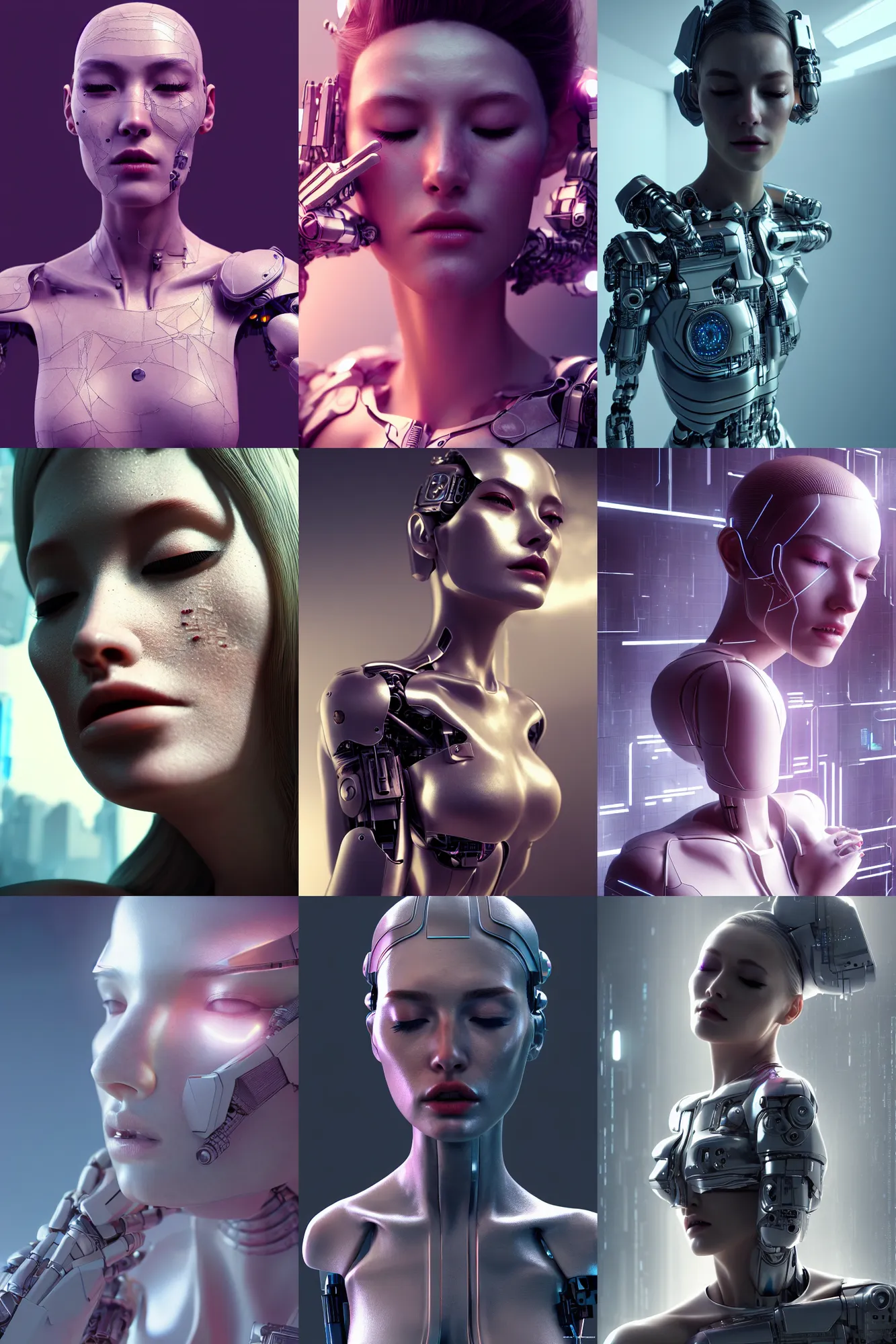 Prompt: beautiful android woman, eyes closed, photorealistic, 3 d model, cyborg, postcyberpunk, octane render, concept art, vogue, 8 k, intricate detailed environment. by terry o'neill