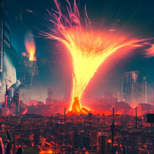 Image similar to large cyberpunk city on fire with volcano erupting in the background, planets in the sky, sharp focus, highly detailed, night