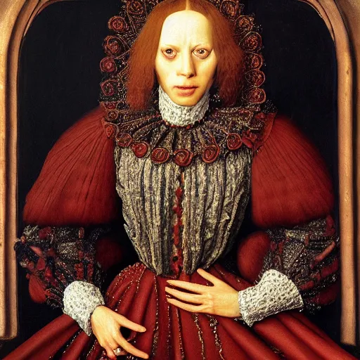 Image similar to portrait of lady gaga, oil painting by jan van eyck, northern renaissance art, oil on canvas, wet - on - wet technique, realistic, expressive emotions, intricate textures, illusionistic detail