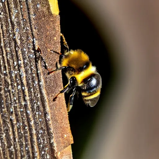 Image similar to a bee looking straight in to the camera, symmetrical, macro photography, ambient light, perfect focus