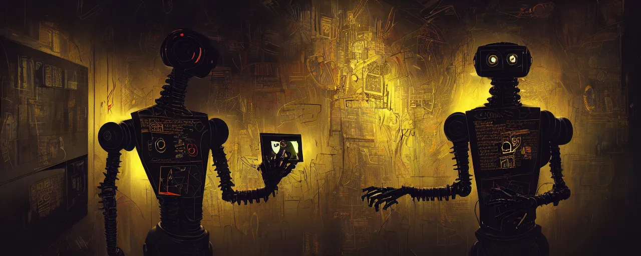 Image similar to dark scifi illustration 3 / 4 portrait of a robot reading necronomicon to humans. cinematic lighting mad scientist style. golden ratio accidental renaissance. in the style of dave mckean and jean michel basquiat. graffiti art, scifi, fantasy, hyper detailed. octane render. concept art. trending on artstation