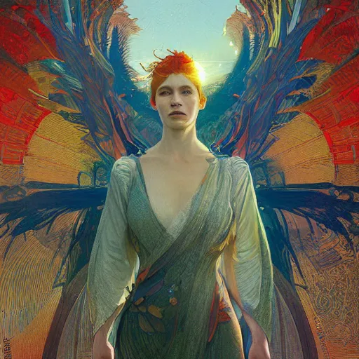 Image similar to the solarpunk phoenix, red bird, regeneration, landscape, volumetric light, bokeh, painting by greg rutkowski by alphonse mucha