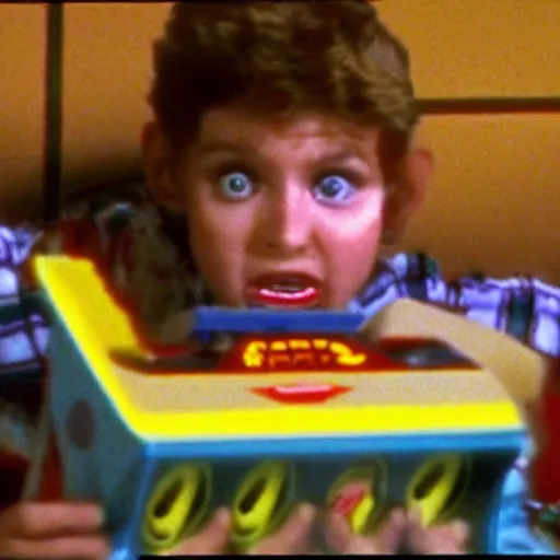 Prompt: vhs footage of an 8 0 s toy commercial where a kid is terrified of a possessed demonic toy