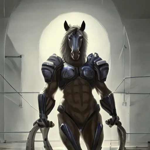 Image similar to an enormously muscular anthro horse sentinel in a research facility wearing a skintight body armor, long white mane, equine, anthro art, furaffinity, highly detailed, digital painting, artstation, concept art, illustration, art by artgerm, greg rutkowski, ruan jia