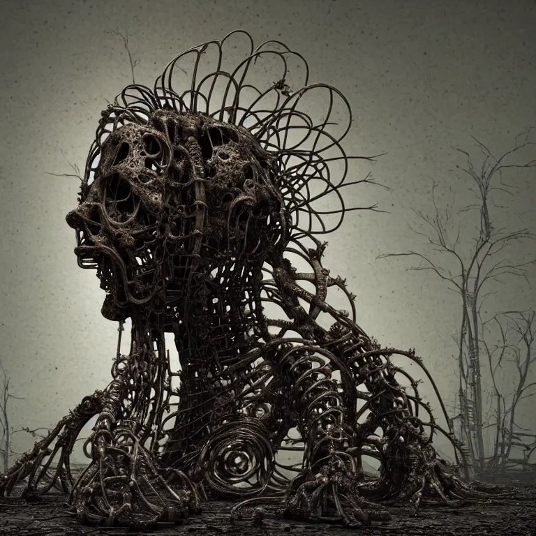 Prompt: portrait of abandoned ribbed organic biomechanical sculpture of two kissing cyborgs, covered with wires, spines, roots, ash, mold, meat, baroque painting, standing in a desolate empty wasteland, creepy, nightmare, dream-like heavy atmosphere, dark fog, surreal abandoned buildings, baroque painting, beautiful detailed intricate insanely detailed octane render trending on Artstation, 8K artistic photography, photorealistic, volumetric cinematic light, chiaroscuro, zoomed out, fisheye, Raphael, Caravaggio, Beksinski, Giger BW