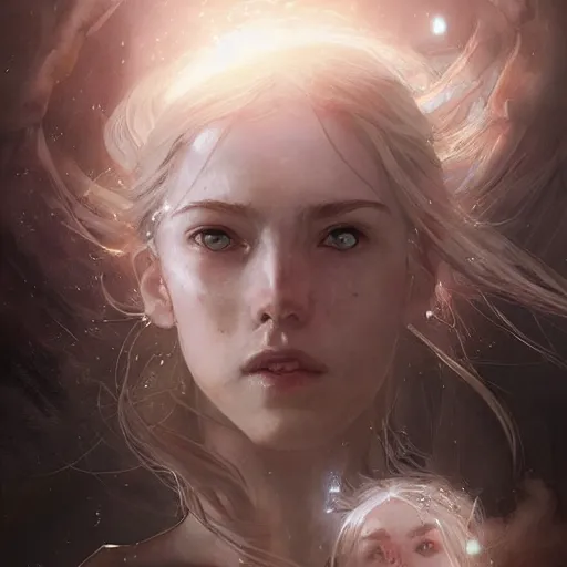 Prompt: a portrait of a beautiful hopeful lady with pretty eyes, beautiful eyes, looking up onto the sky, light smiling, art of wlop and greg rutkowski, intricate, high details, epic fantasy art, bright light masterpiece, ray of light through white hair