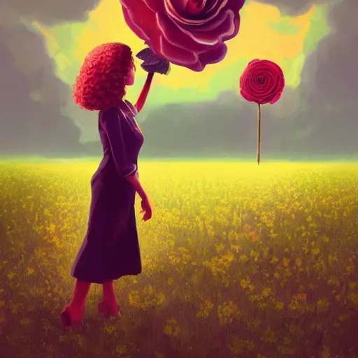 Image similar to portrait, giant rose flower head, girl in a suit, surreal photography, sunrise, blue sky, dramatic light, impressionist painting, digital painting, artstation, simon stalenhag