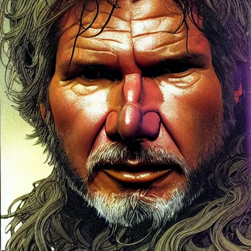 Prompt: a realistic and atmospheric portrait of harrison ford as a druidic warrior wizard looking at the camera with an intelligent gaze by rebecca guay, michael kaluta, charles vess and jean moebius giraud