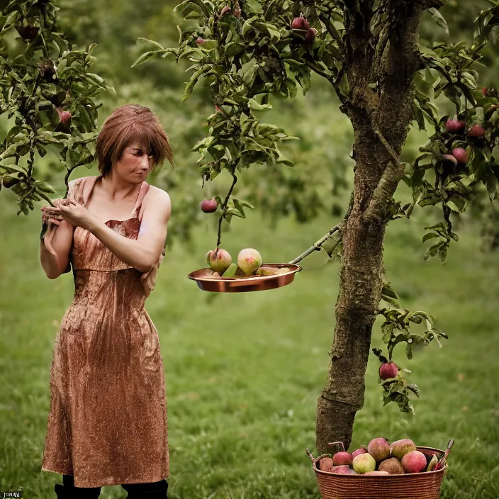 Prompt: a closeup portrait of a woman wearing a metal plate dress made of iron and copper, picking apples from a tree in an orchard, foggy, moody, photograph, by vincent desiderio, canon eos c 3 0 0, ƒ 1. 8, 3 5 mm, 8 k, medium - format print