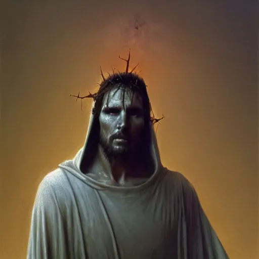 Prompt: portrait of Tom Cruise as demonic Jesus Christ in hood and crown of thorns, three quarter view, dark fantasy, Warhammer, artstation painted by Zdislav Beksinski and Wayne Barlowe