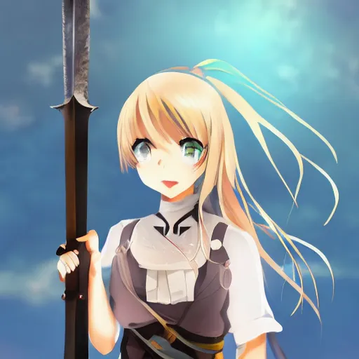 Prompt: anime girl with a determined look she has a sword in her hand