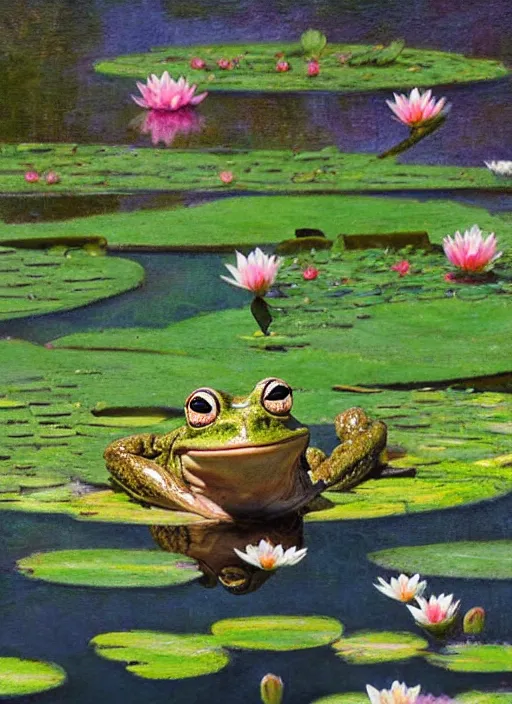 Image similar to close - up of a smiling frog in the pond with water lilies, medieval castle on background, shallow depth of field, highly detailed, ominous, digital art, masterpiece, matte painting, sharp focus, matte painting, by isaac levitan, monet, asher brown durand,