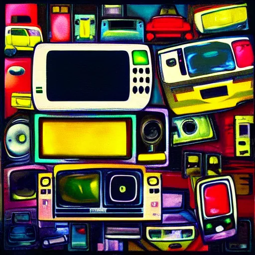 Image similar to array of crt televisions made out of cars, tv static, blob, technology, antenna, stacked, junkyard, polaroid, steroids, adult video store, impressionist painting, painting, acrylic painting, cell shaded