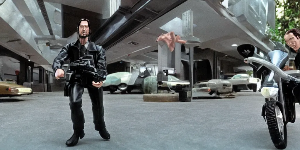 Image similar to beautiful hyperrealism three point perspective film still of Keanu Reeves as neo aiming two uzi at agent smith in a nice oceanfront promenade motorcycle chase scene in Matrix meets tintin(1990) extreme closeup portrait in style of 1990s frontiers in translucent porclein miniature street photography seinen manga fashion edition, miniature porcelain model, focus on face, eye contact, tilt shift style scene background, soft lighting, Kodak Portra 400, cinematic style, telephoto by Emmanuel Lubezki