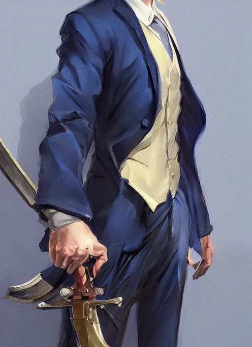 Image similar to artgerm portrait painting of a blond man in a blue suit with a sword and a pistol, asymmetrical, profile picture, organic painting, sunny day, matte painting, bold shapes, hard edges, street art, trending on artstation, by huang guangjian, gil elvgren, ruan jia, randy vargas, greg rutkowski