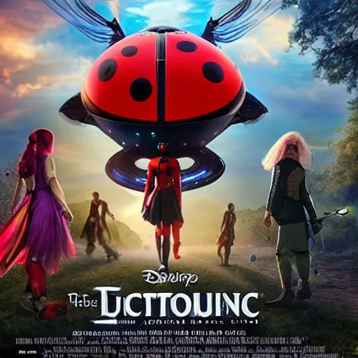 Prompt: promotional movie still, ladybug futuristic ( ( descendants ) ), ladybug quadruped with big rgb eyes, huge ladybug mothership, epic cosmos, dramatic lighting, the fellowship of the ring ( film ) genre. imax, 7 0 mm.