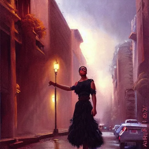 Prompt: painting of a young native amazon forest girl in a dark, gloomy deserted city street highly detailed, dramatic lighting, intense shadows, rich deep colours, by luis ricardo falero