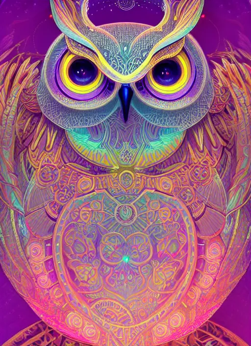 Image similar to symmetry!! product render poster vivid colors divine proportion owl, 神 圣, glowing fog intricate, elegant, highly detailed, digital painting, artstation, concept art, smooth, sharp focus, illustration,