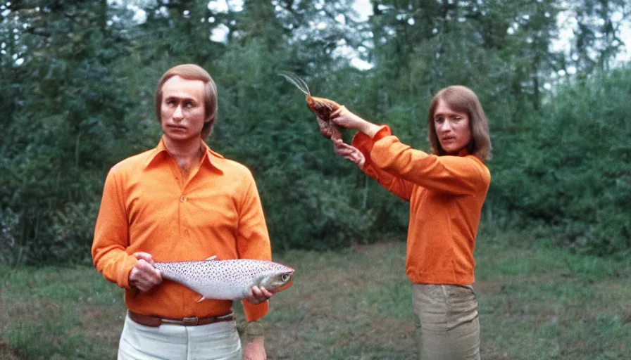 Prompt: 7 0 s movie still of putin in tellsell, proudly holding a salmon. cinestill 8 0 0 t _ 3 5 mm eastmancolor, heavy grain, high quality, high detail