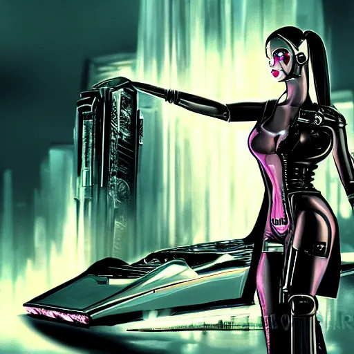 Image similar to a cyberpunk android beautiful woman standing next to a vintage car with large futuristic weaponry, the woman has long flowing hair and bright lipstick. style of blade runner, dark city, twilight zone.