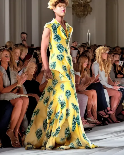 Prompt: pineapple dress runway show, cinematic lighting, Ralph Lauren fashion couture