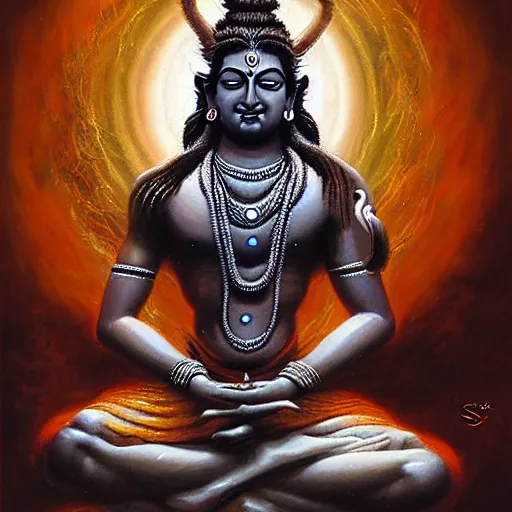 Image similar to shiva hindu god meditating on the universe by raymond swanland, highly detailed,