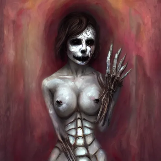 Image similar to pale necro beautiful bone girl, decaying rich bleeding colors!, digital painting, black void liminal realm, devianart, a picture taken by Michael Komarck and jason voorhees and freddy krueger