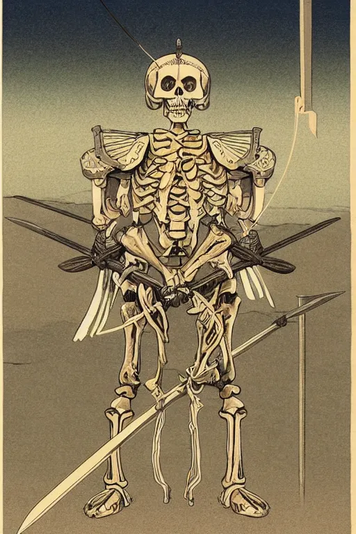 Prompt: portrait of a skeleton archer with big sword, wearing helmets and armor with wings, symmetrical, solemn, sacred, aura, a detailed matte painting by kawase hasui