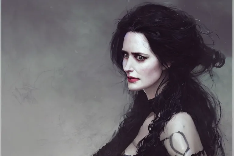 Image similar to A portrait Eva Green as Yennefer from the Witcher by Ruan Jia and Mandy Jurgens and Artgerm and william-adolphe bouguerea, highly detailed, trending on artstation, award winning, H 768