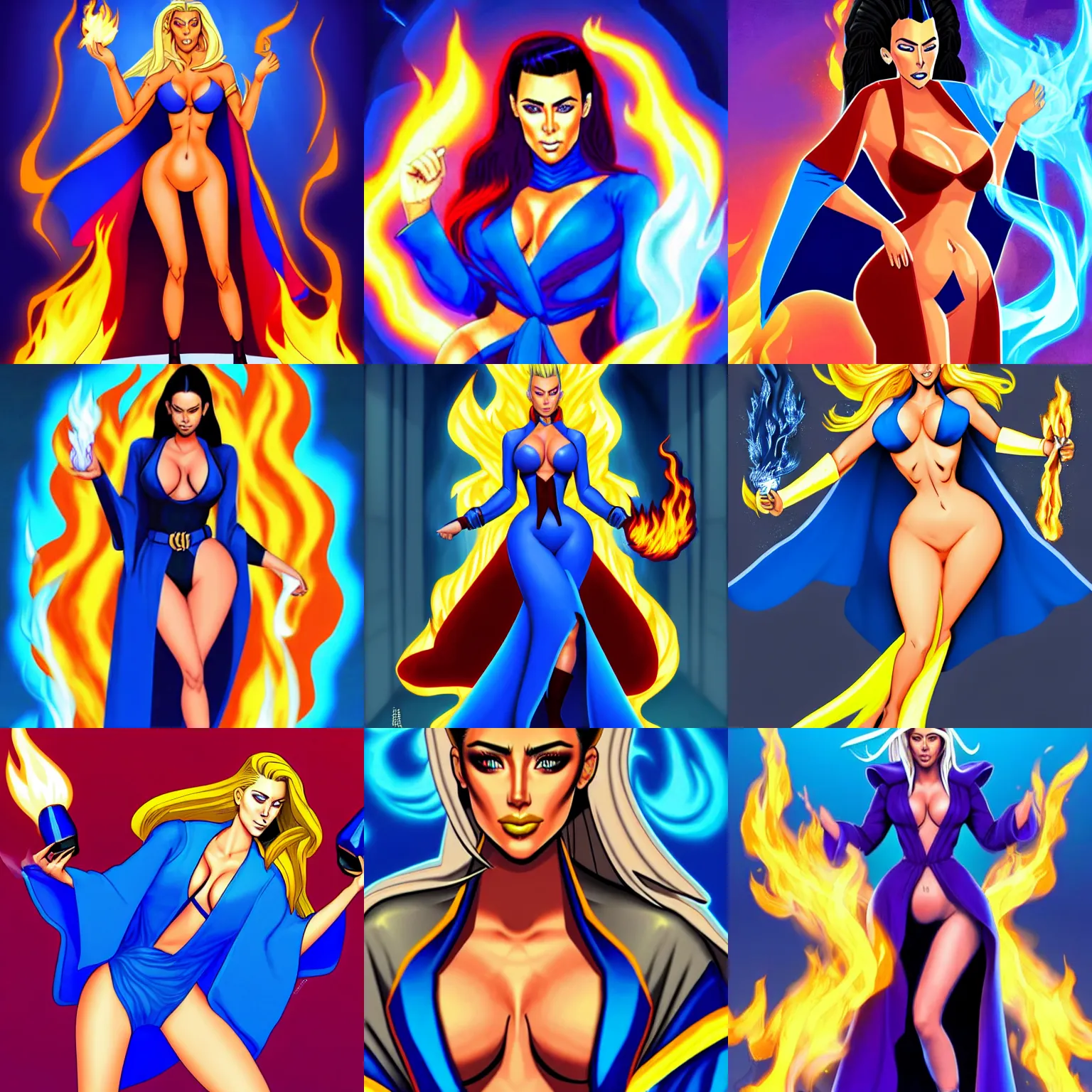 Prompt: Who : a mage with a blue robe casting a fire ball ; Face and hair : Amber Heard ; Body type : Kim Kardashian ; Clothes : covering ; IMPORTANT : Clumzor comics official splash art, award winning, trending in category \'hyperdetailed\'