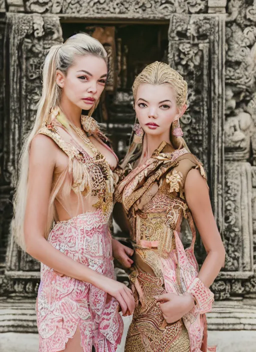 Prompt: portrait of lindsey pelas and anya taylor jou wearing kebaya in bali temple, by charlotte grimm, natural light, detailed face, beautiful features, symmetrical, canon eos c 3 0 0, ƒ 1. 8, 3 5 mm, 8 k, medium - format print, half body shot