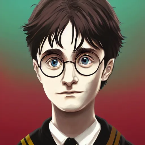 Image similar to portrait of harry potter in anime style, highly detailed, centered, solid color background, digital painting