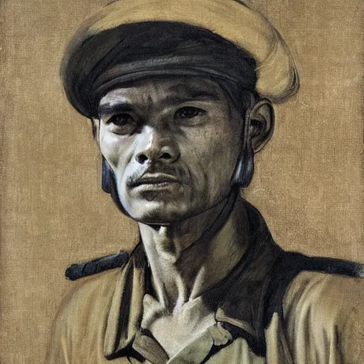 Image similar to portrait of a vietnam war soldier by caravaggio, posing, face, clair - obscur, highly detailed