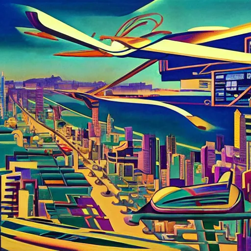 Image similar to flying cars, megacity, the jetsons. Painting by Wyndham Lewis. vaporwave, intricate, hyperrealistic, ultra fine detail, ultra high resolution, fine texture detail, cinematic, 8k, photorealistic, epic photo, trending on artstation