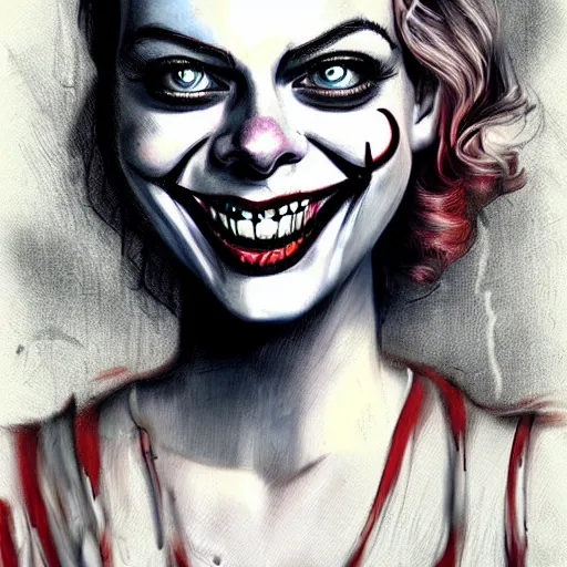 Prompt: surrealism grunge cartoon portrait sketch of margot robbie with a wide smile by - michael karcz, loony toons style, pennywise style, horror theme, detailed, elegant, intricate