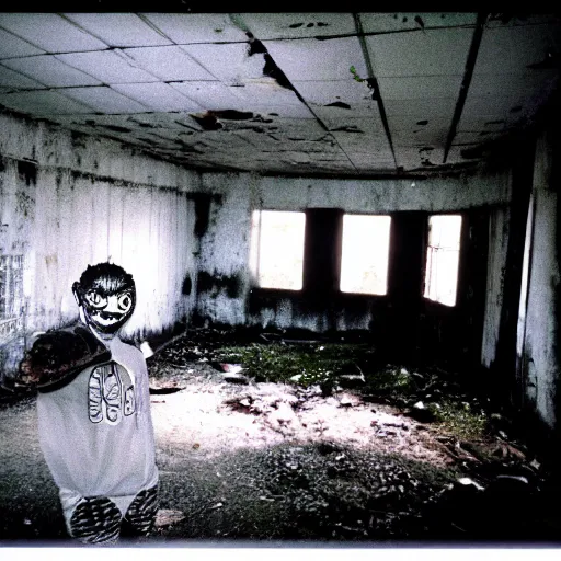 Image similar to 1 9 9 3, disposable camera, flash, old abandoned building, creepy scary monster, style of trevor henderson