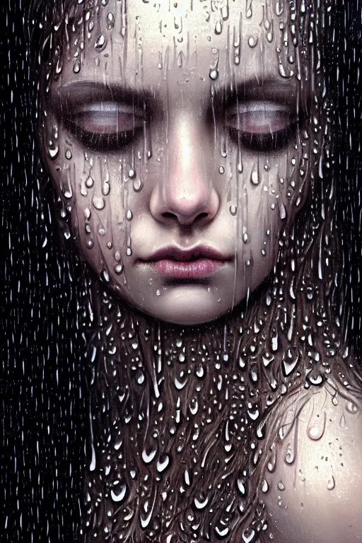 Image similar to portrait of a girl upside down in the rain with wet hair and face, fantasy, intricate, elegant, dramatic lighting, emotionally evoking symbolic metaphor, highly detailed, lifelike, photorealistic, digital painting, artstation, concept art, smooth, sharp focus, illustration, art by John Collier and Albert Aublet and Krenz Cushart and Artem Demura and Alphonse Mucha