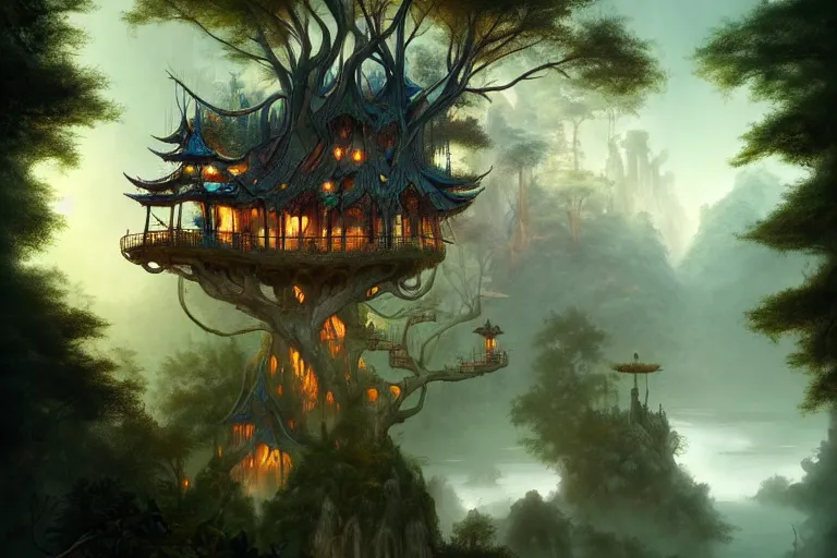 Prompt: treehouse from gaudi in a deep mystical forest , floating chinese lampoons, lake, waterfall, tall people walking and discussing, dynamic lighting, art by peter mohrbacher on artstation, mix with rivendell architecture, night mood