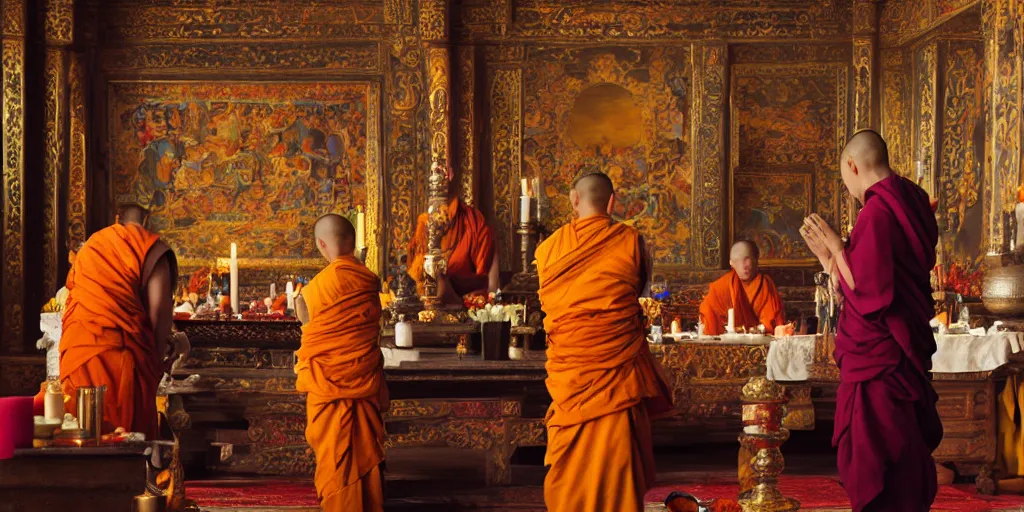 Image similar to beautiful oil matte portrait painting, tibetan monks praying to a candle - lit altar inside a tibetan temple, wonderful masterpiece highly detailed, beautiful cinematic light deep focus, elegant, digital painting, smooth, sharp focus, golden ratio, dramatic illumination, ultra realistic, 8 k, art by artemisia lomi gentileschi and caravaggio