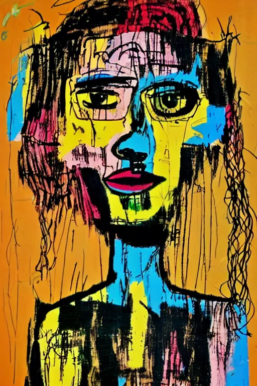 Prompt: cyborg girl in the style of jean michel basquiat, andy warhol, and pablo picasso