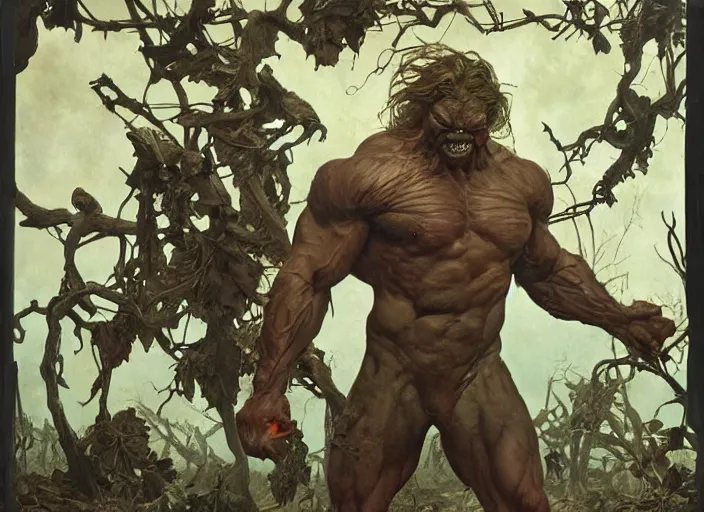 Image similar to renaissance grotesque full body portrait painting of angry bodybuilder swamp thing walking to the camera, camera puller back far, in a plane crash wasteland, landfill, elegant artwork by lee bermejo and greg rutkowski and alphonse mucha