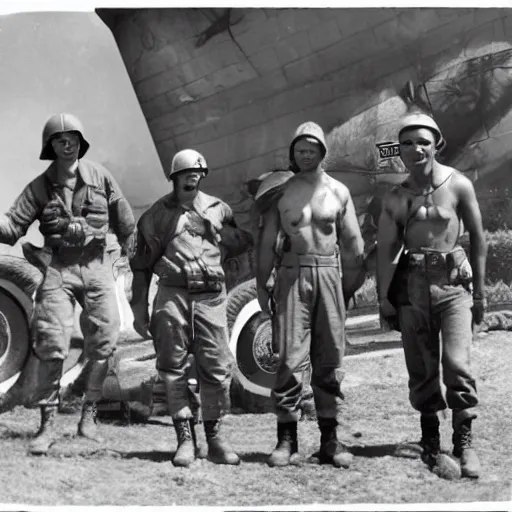 Prompt: black and white photo of young Hellboy and American soldiers during WWII