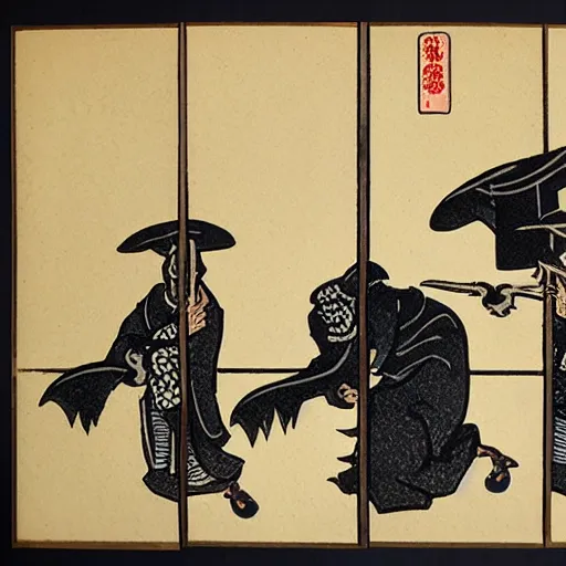 Image similar to ancient Japanese woodcut block print ukiyo-e plague doctor triptych