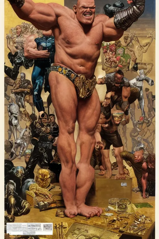 Image similar to upper body and head portrait of huge hulking jocko willink as marvel character wearing pants and shirt and boots and gold jewellery by alex ross and lawrence alma tadema and zdzislaw beksinski and norman rockwell and jack kirby and tom lovell and greg staples