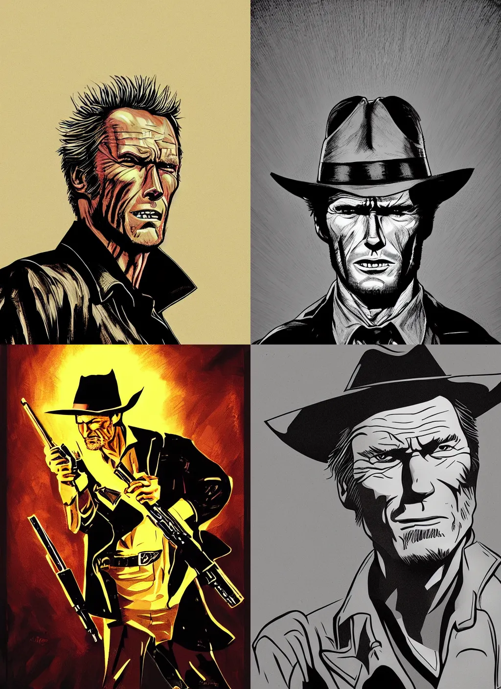 Prompt: comic strip style portrait of clint eastwood as a gunslinger, dramatic lighting