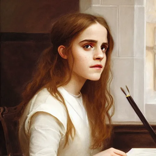 Image similar to Painting of Emma Watson as Hermione Granger as A Girl Writing; The Pet Goldfinch, art by Henriette Browne, extremely detailed, 4K