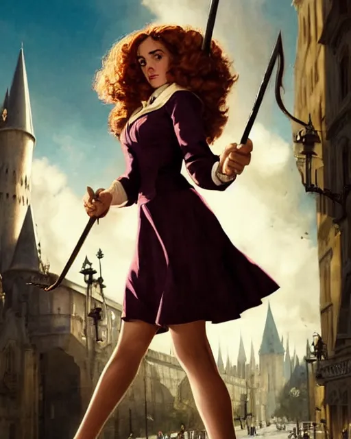 Image similar to pinup photo of hermione granger by emma watson in the crowded square of the city, by greg rutkowski, gil elvgren, enoch bolles, kezie demessance, glossy skin, pearlescent, very coherent, very detailed, harry potter film still