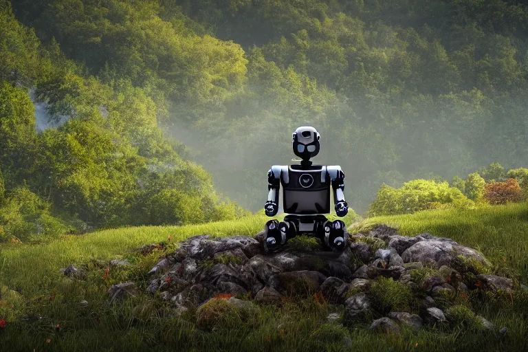 Prompt: professional photo of highly-detailed robot sitting cross-legged with its head pointing down realizing he is the last robot in existence, on a small hill, in a fantasy forest with blooming trees and surrounded my wildlife, river flowing beside the robot, 4k, highly detailed, Unreal Engine