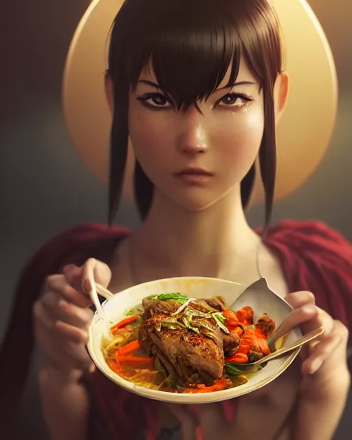 Image similar to movie still macro close photo of anonymous holding stirfry to face, by weta disney pixar greg rutkowski wlop ilya kuvshinov rossdraws artgerm octane render iridescent, bright morning, liosh, mucha